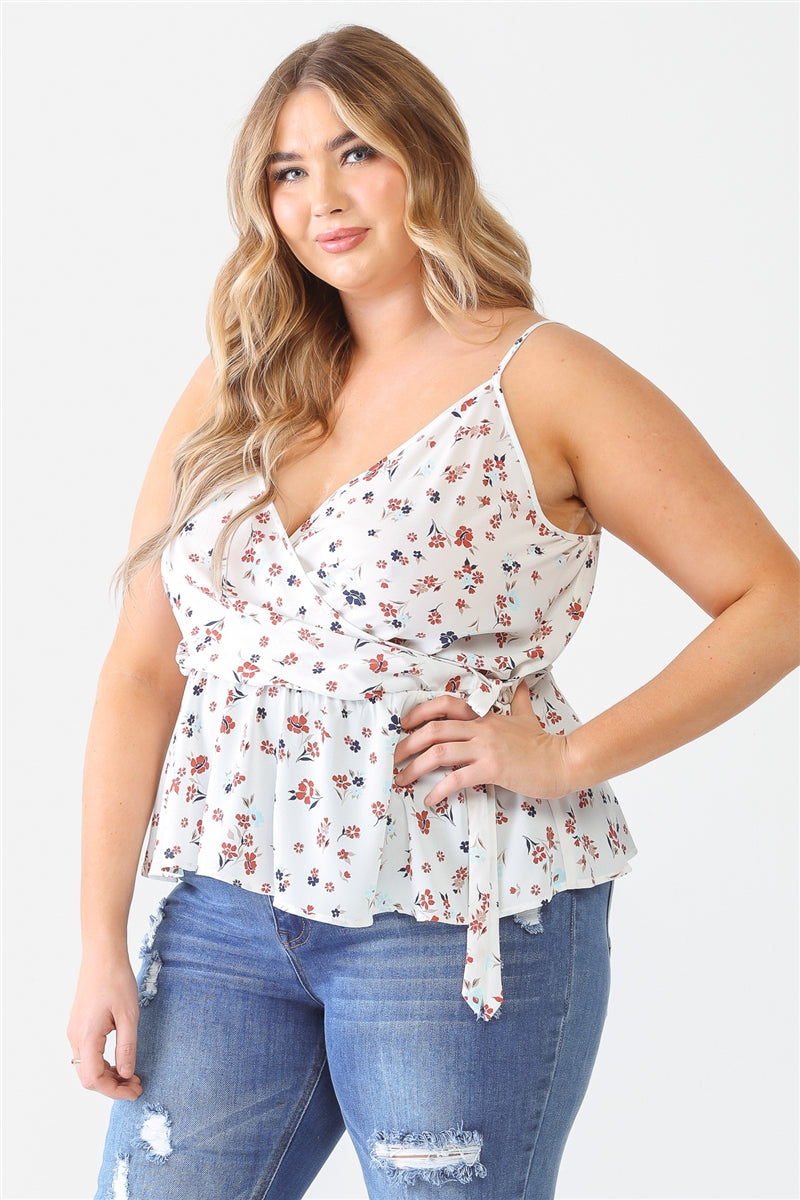 Women's Plus Floral Sleeveless Wrap Neck Flare Hem Top