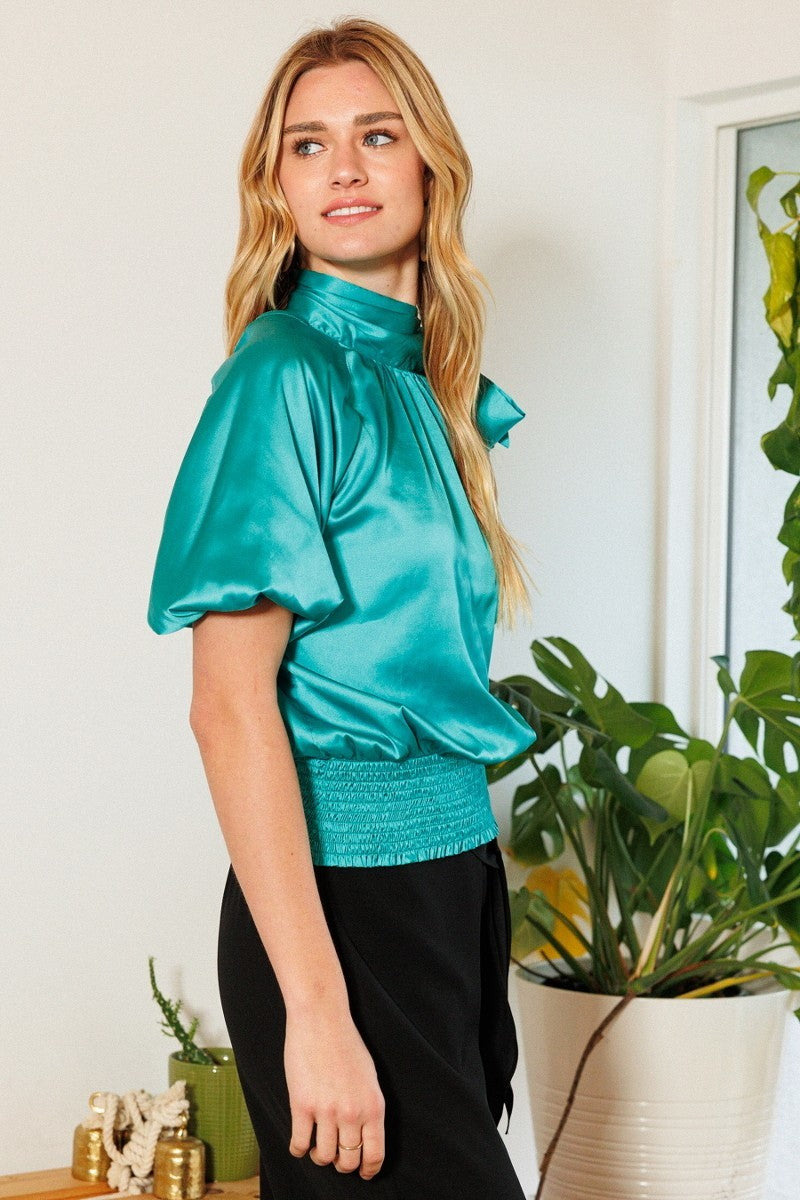 Women's Waist Smocked Solid Satin Blouse