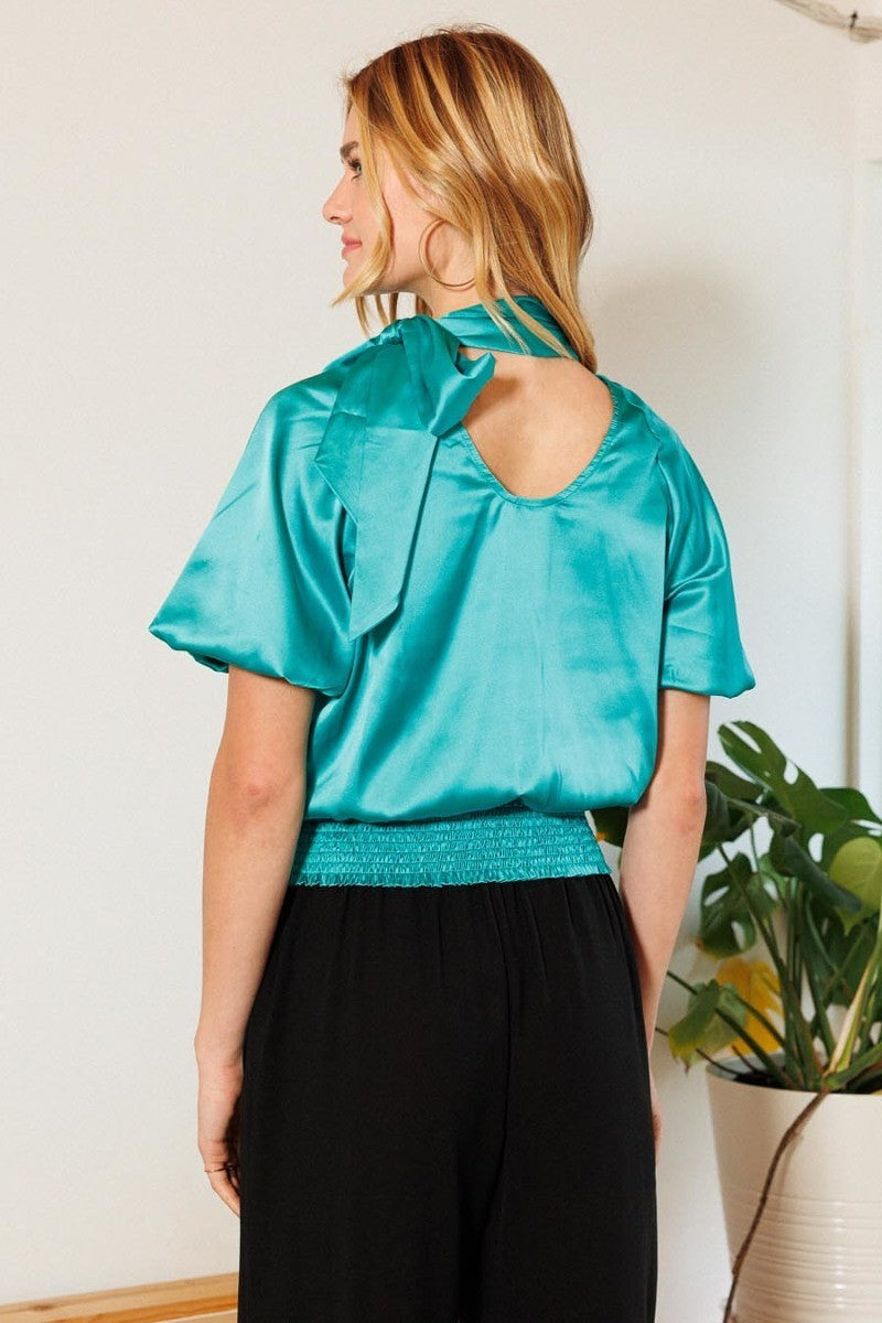 Women's Waist Smocked Solid Satin Blouse