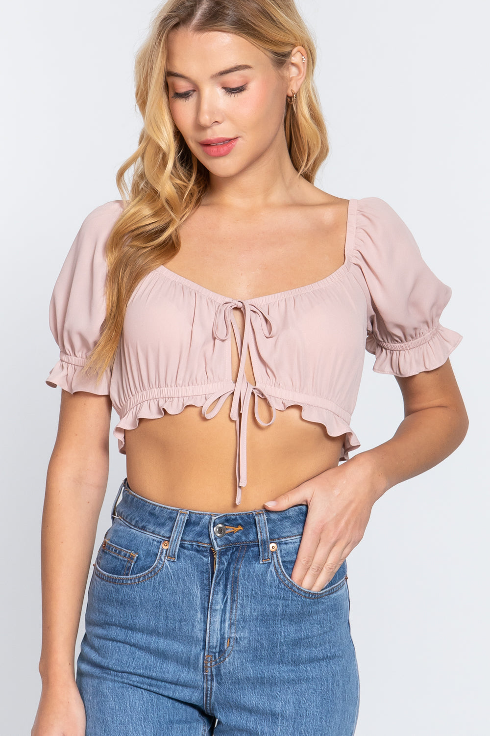 Women's Short Slv Print Crop Woven Top