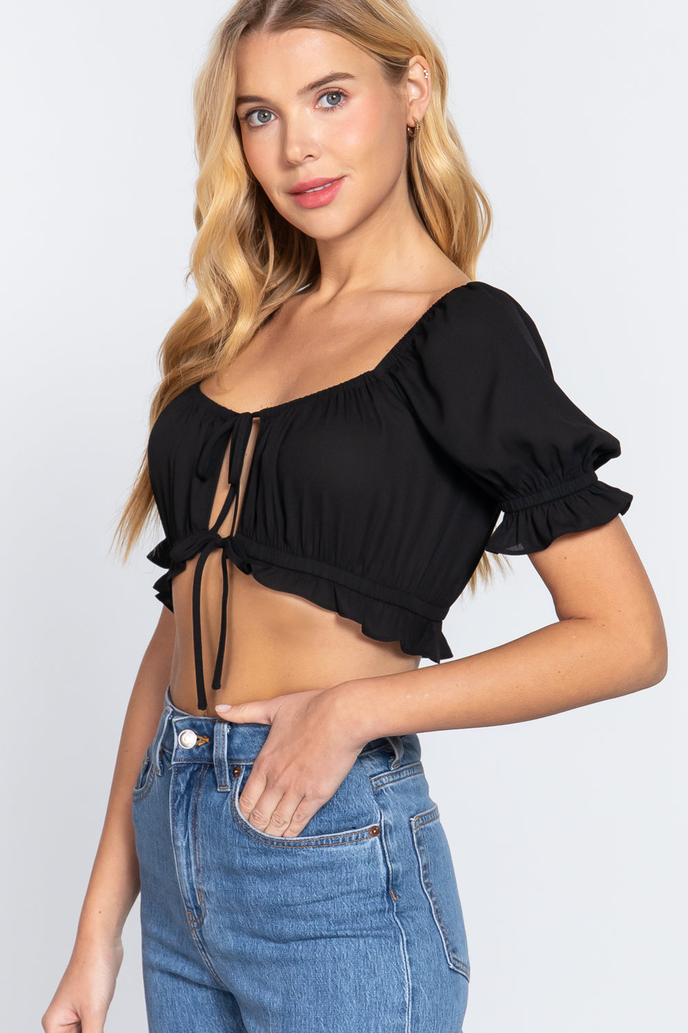 Women's Short Slv Print Crop Woven Top