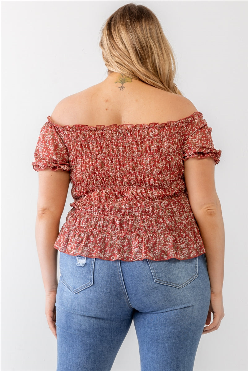 Women's Plus Floral Chiffon Ruched Smocked Off-the-shoulder Top