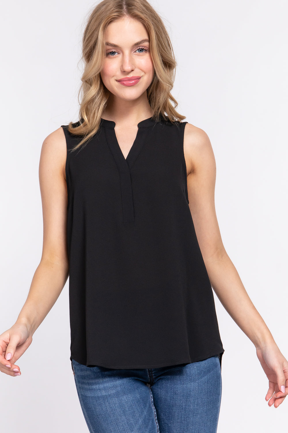 Women's Sleeveless Henley Neck Woven Top