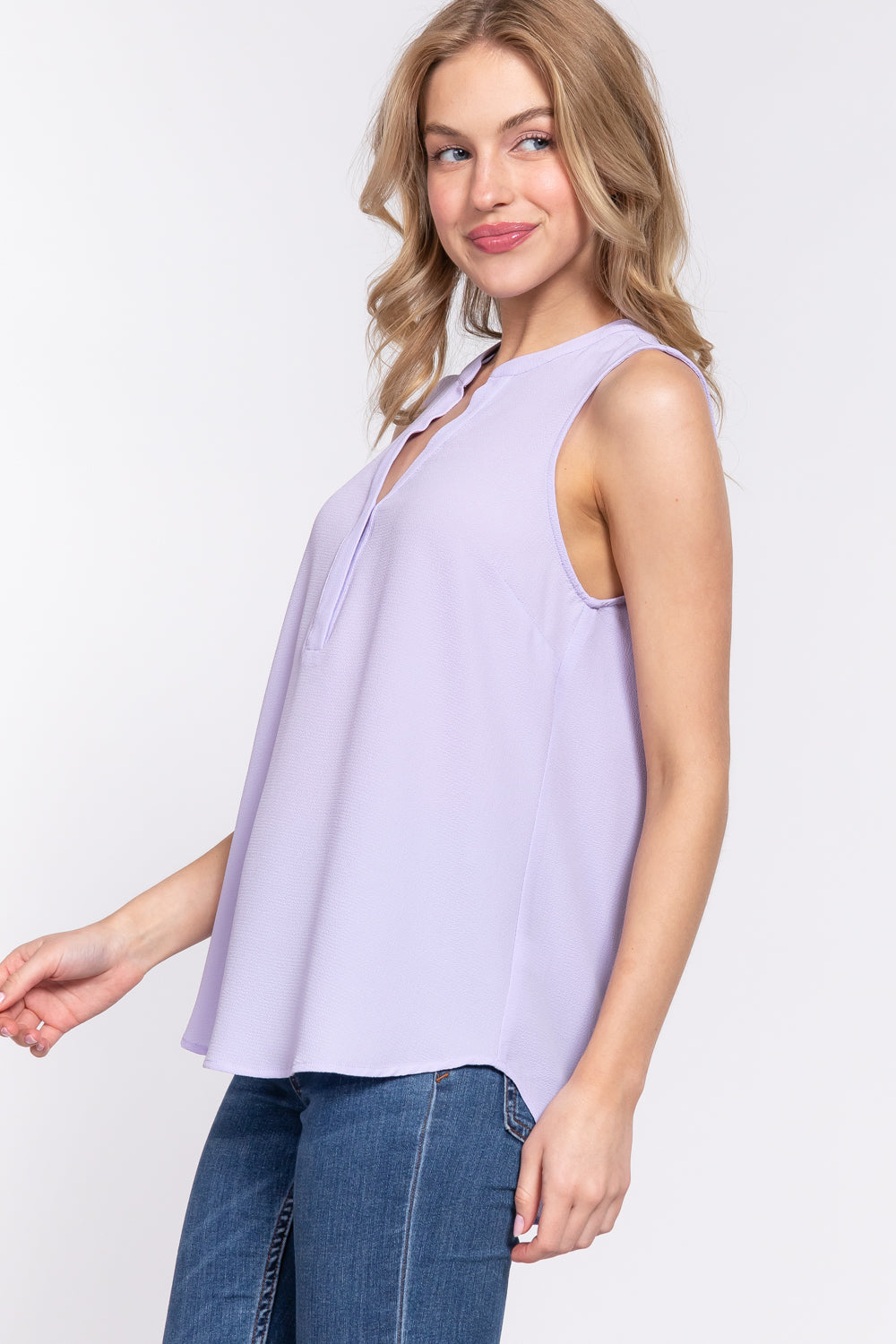 Women's Sleeveless Henley Neck Woven Top