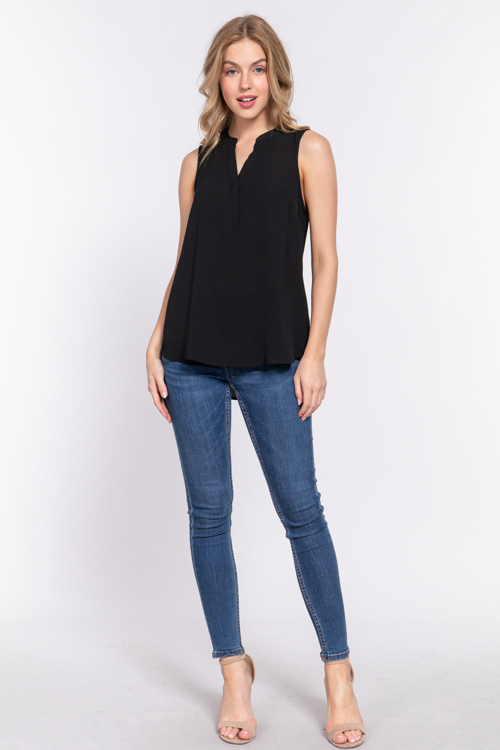 Women's Sleeveless Henley Neck Woven Top