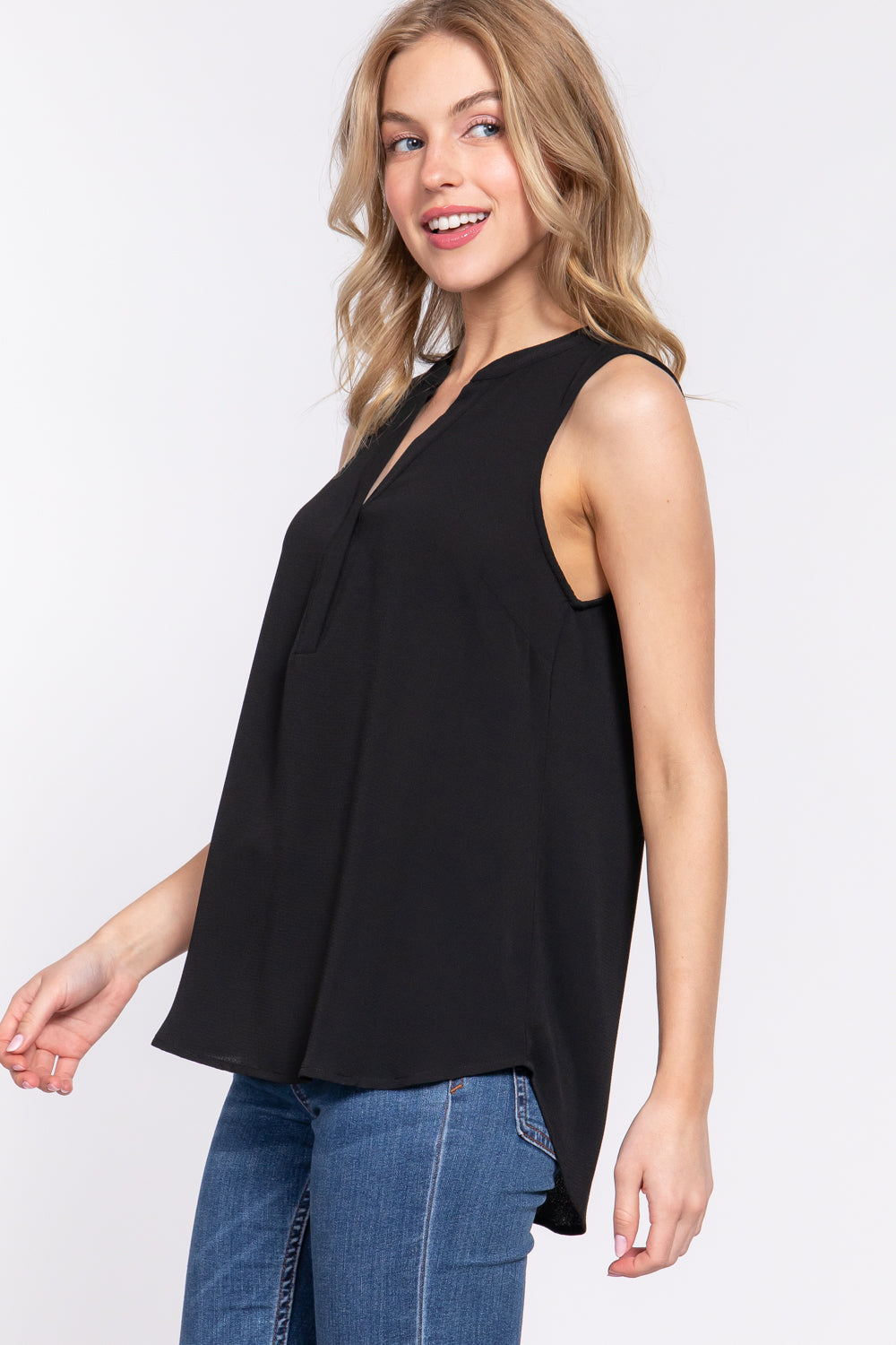 Women's Sleeveless Henley Neck Woven Top