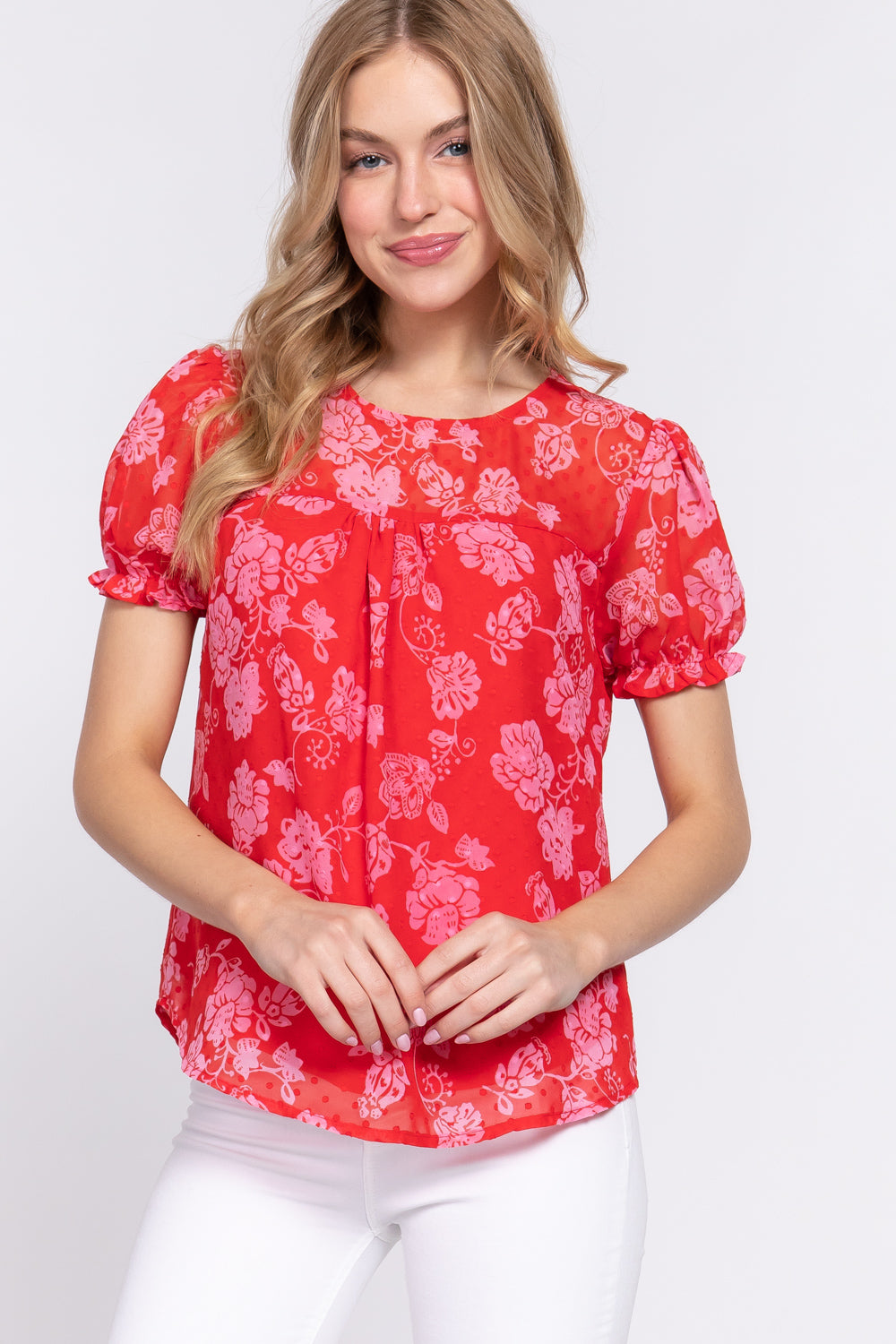 Women's Short Slv Print Clip Dot Blouse