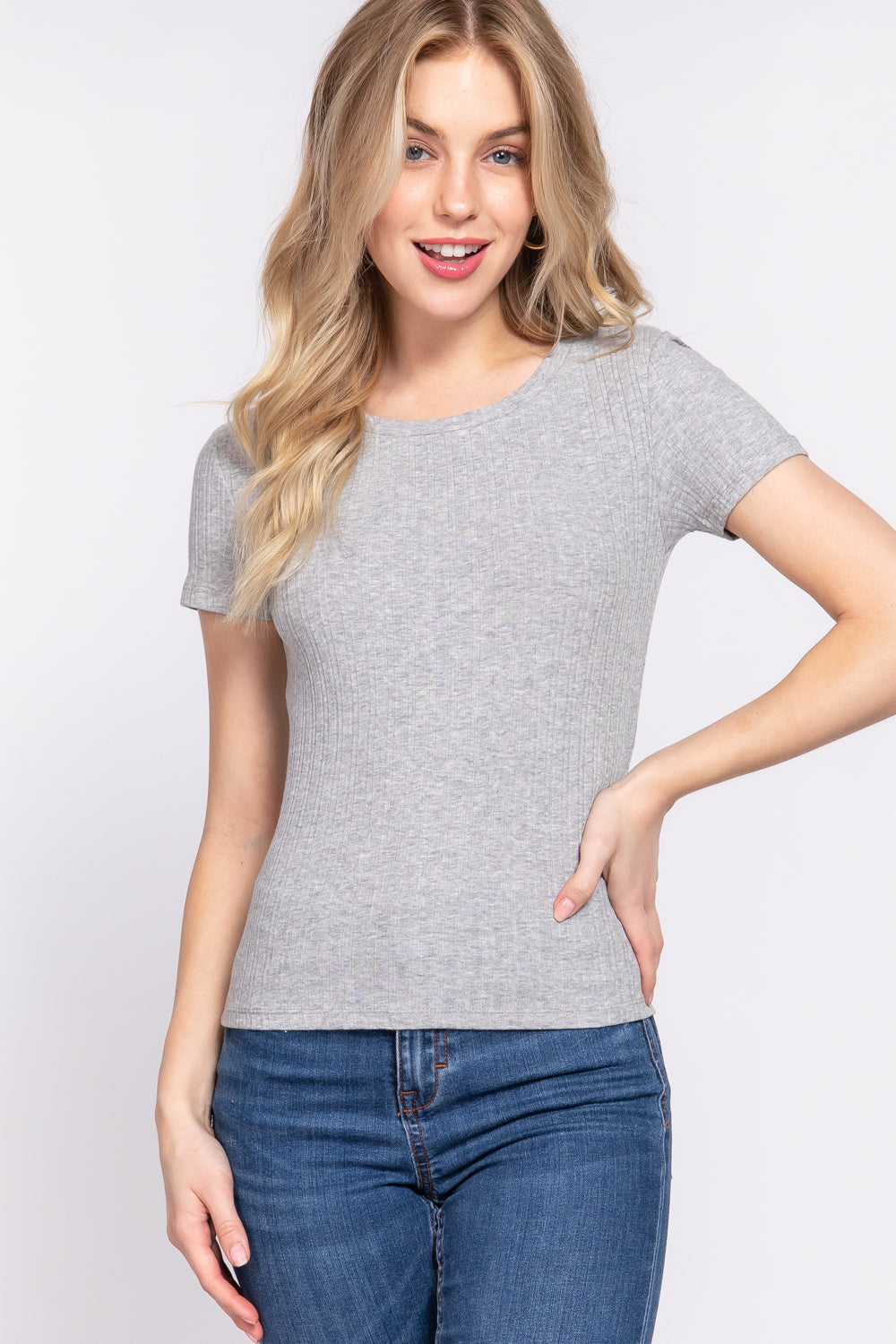 Women's Short Slv Crew Neck Variegated Rib Knit Top