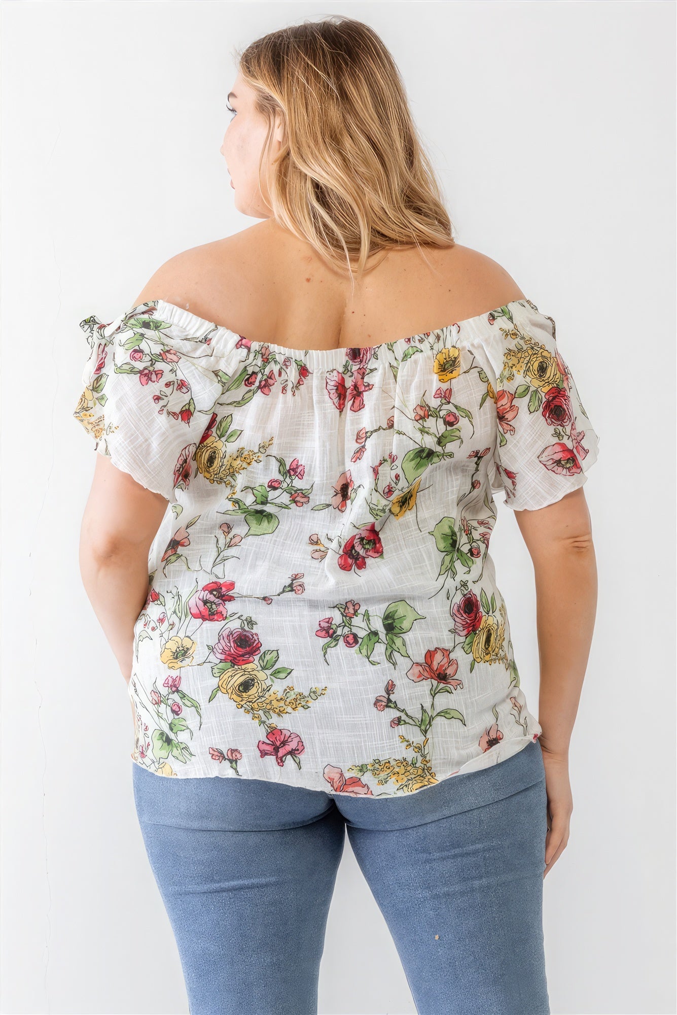 Women's Plus Ivory Floral Print Woven Linen Blend Off-the-shoulder Relax Top