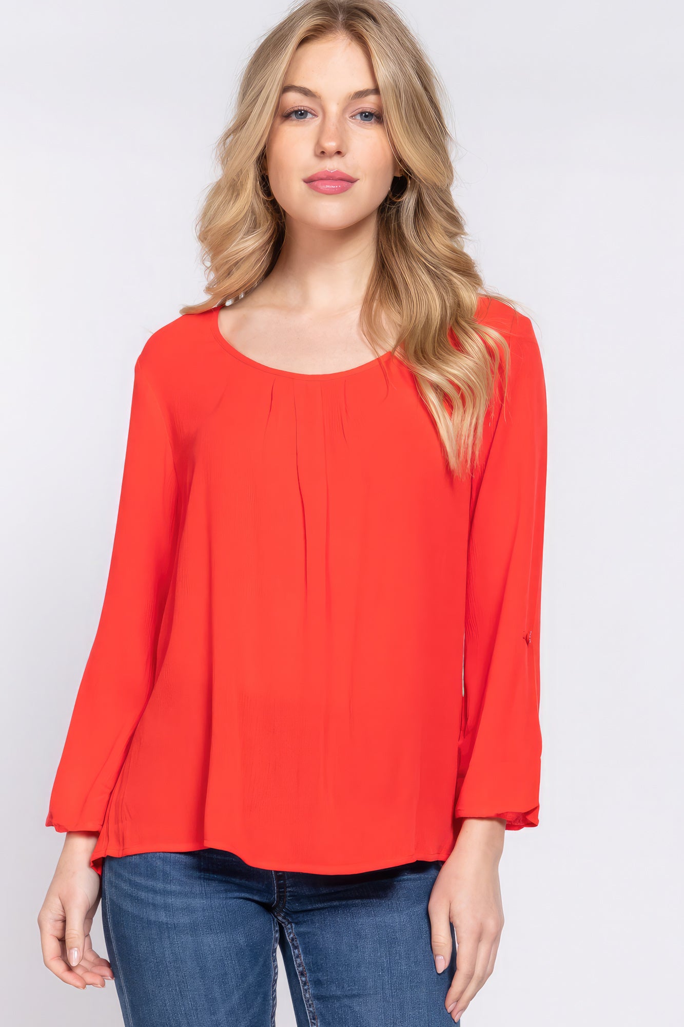 Women's 3/4 Roll Up Slv Pleated Blouse