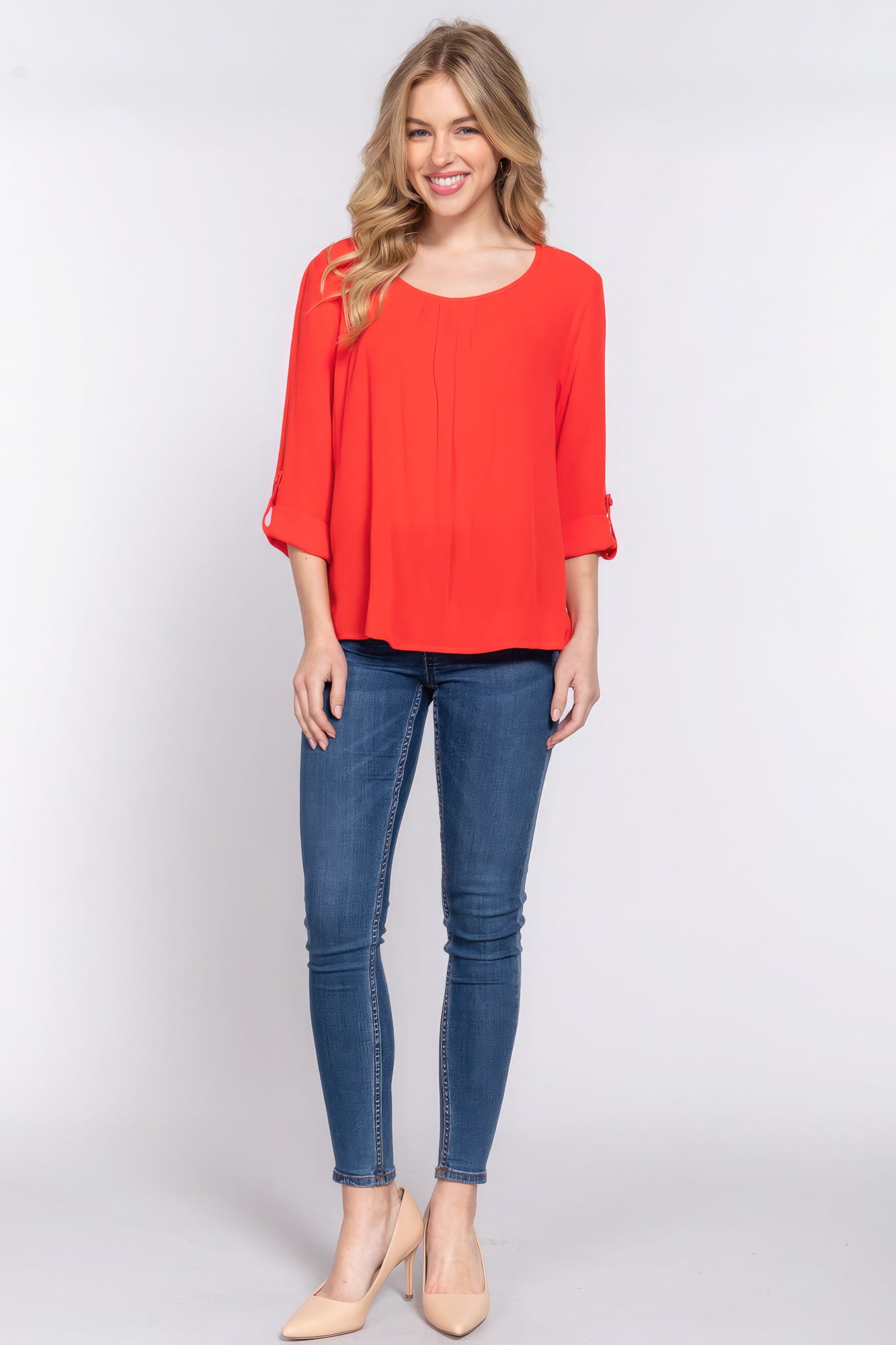 Women's 3/4 Roll Up Slv Pleated Blouse