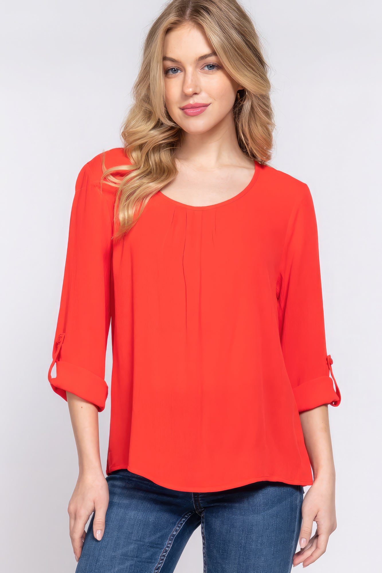 Women's 3/4 Roll Up Slv Pleated Blouse