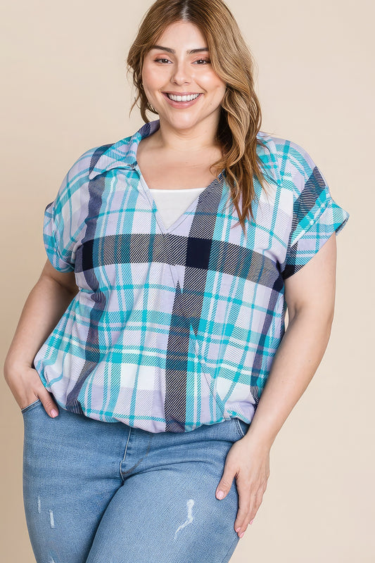 Women's Plus Size Multi Colored Check Printed Casual Collared Short Sleeve Top