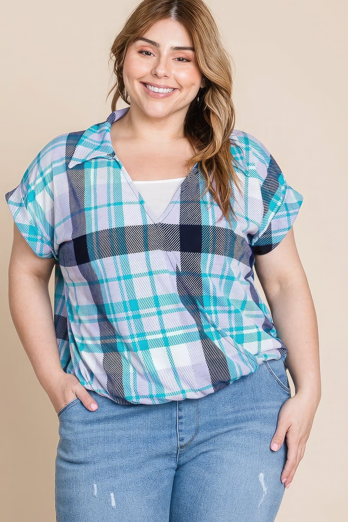 Women's Plus Size Multi Colored Check Printed Casual Collared Short Sleeve Top