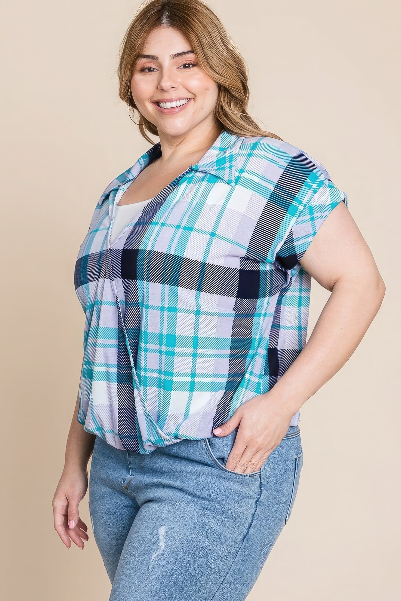 Women's Plus Size Multi Colored Check Printed Casual Collared Short Sleeve Top