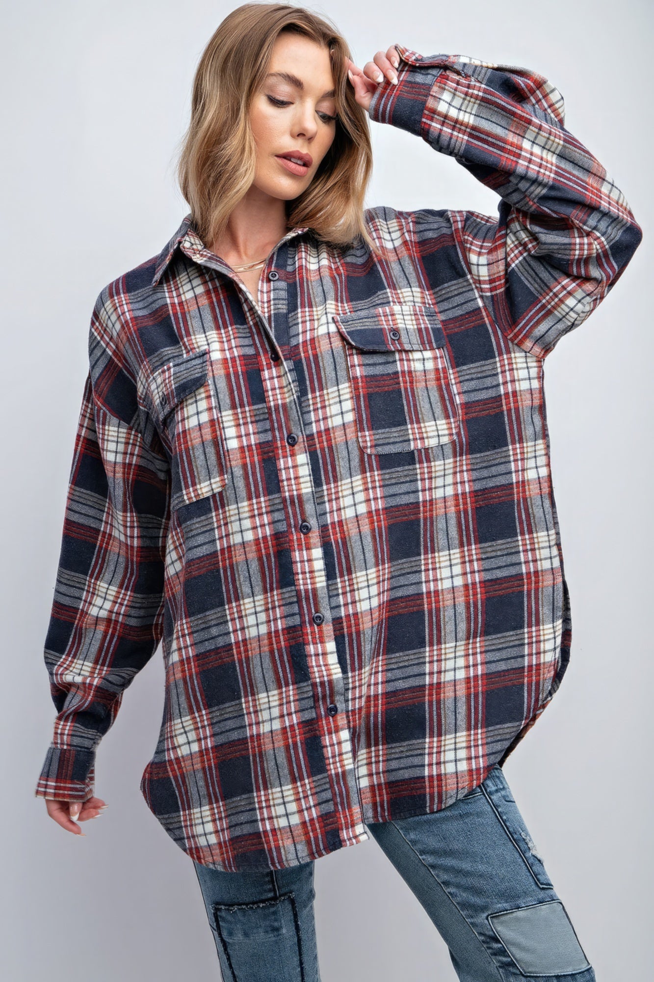 Women's Washed Plaid Button Down Shirt