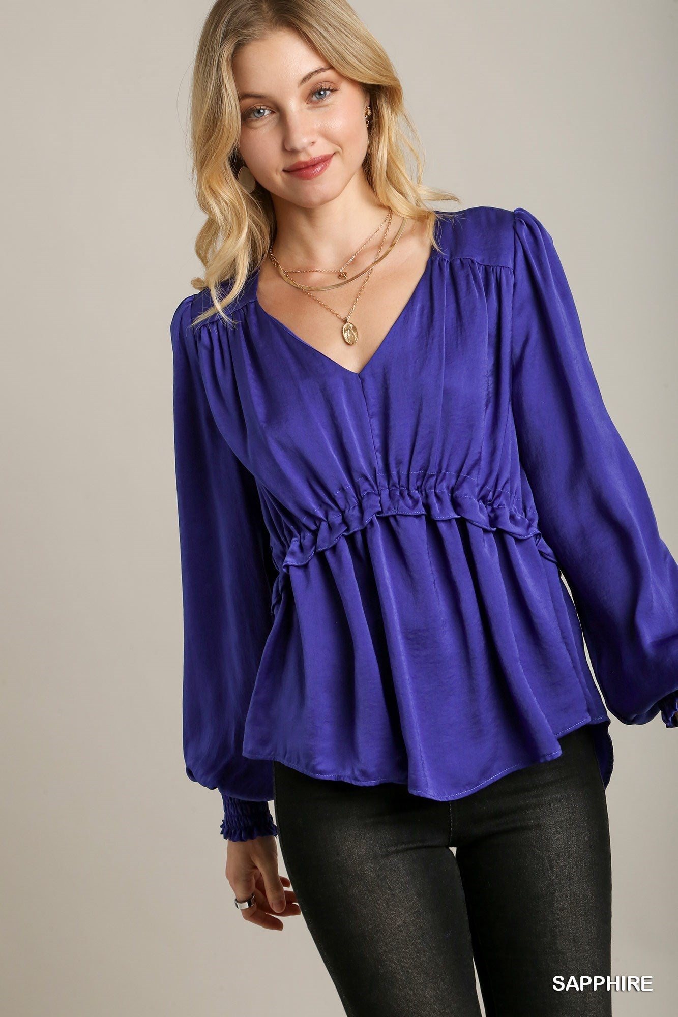 Women's Satin V-neck Ruffle Baby Doll Top With Cuffed Long Sleeve
