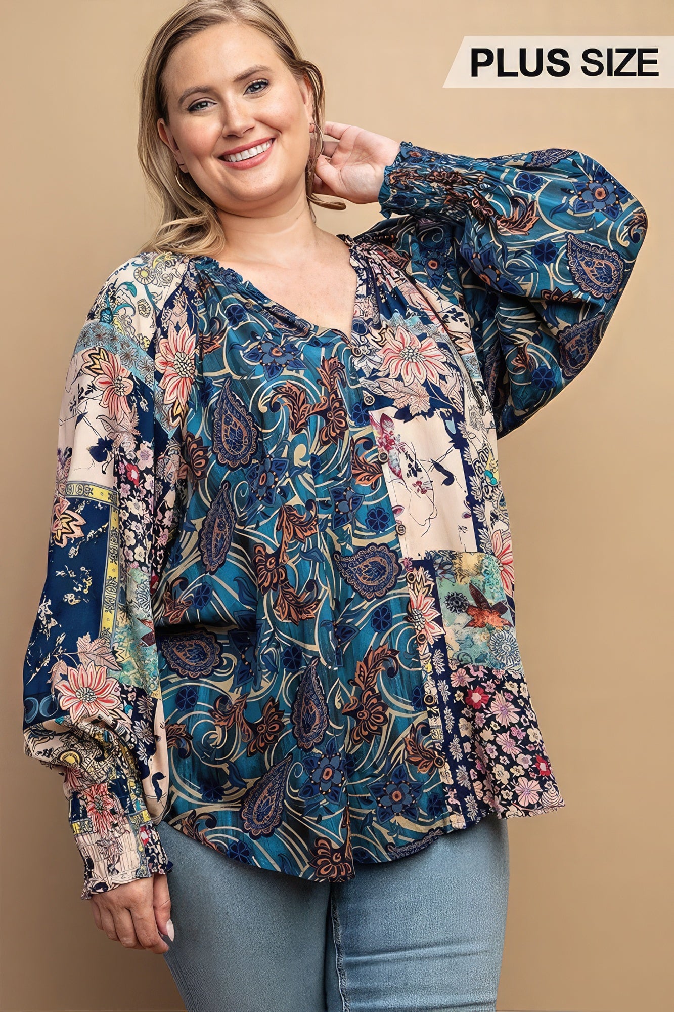 Women's Plus Mixed Print Front Button Long Sleeve Top