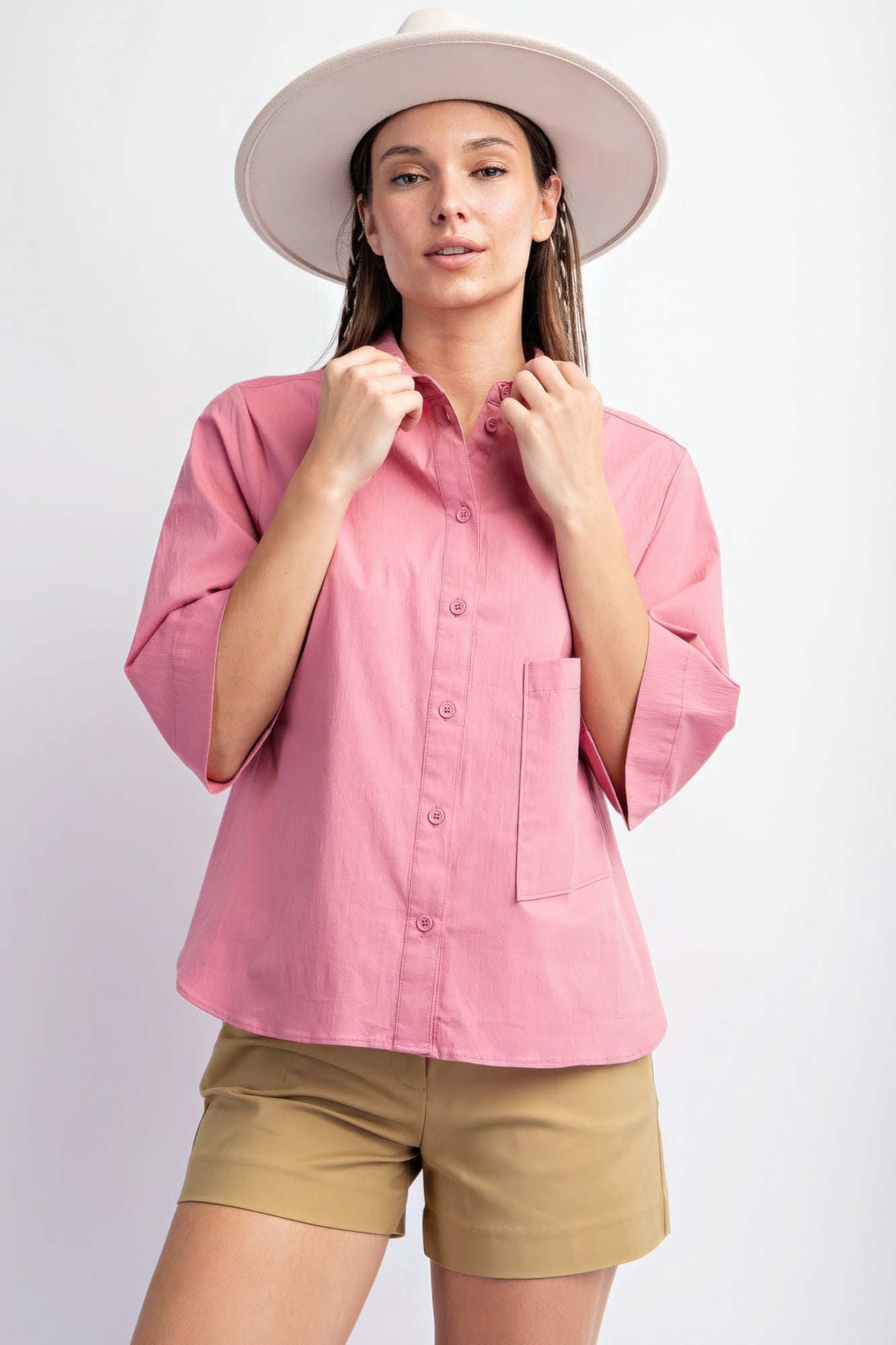 Women's Half Slvs Stretch Poplin Button Down Shirt