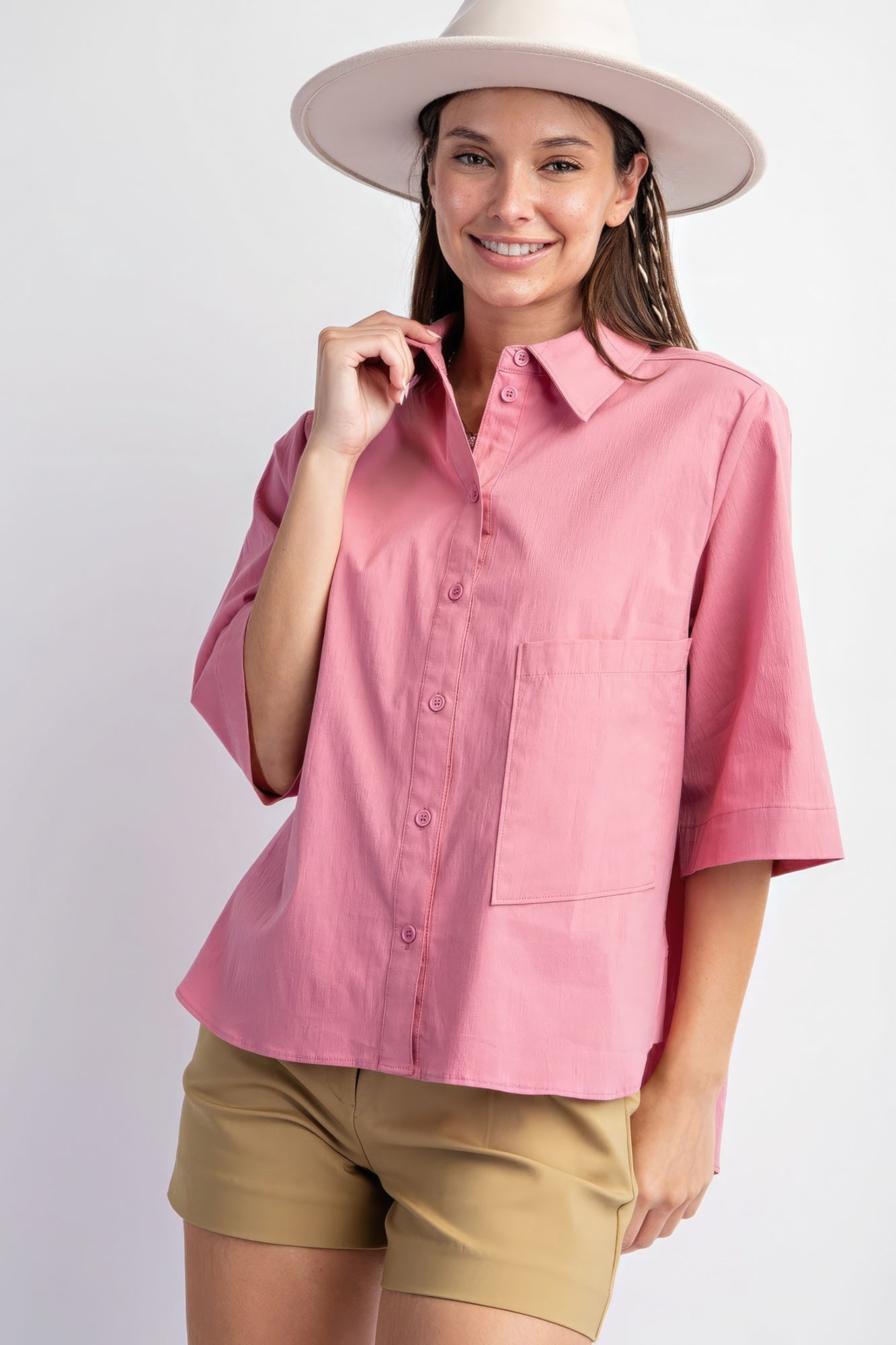 Women's Half Slvs Stretch Poplin Button Down Shirt