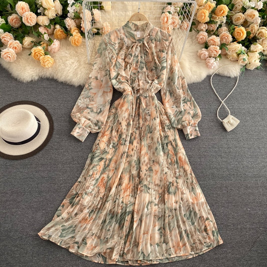 Women Floral Long Dress Spring Summer Korean Style Stand Collar Lantern Sleeve Chiffon Dress - WD8110