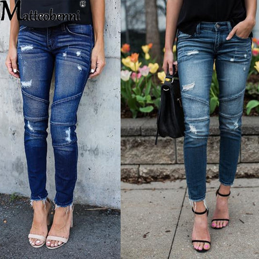 Women Fashion Mid Waist Skinny Vintage Distressed Denim Jeans - WJN0004