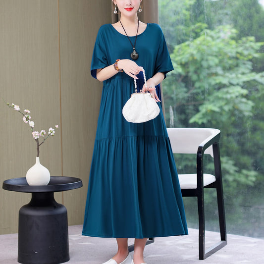 Women Causal Summer Dress Loose Solid Long O-neck Vintage Short Sleeve Dress - WD8065