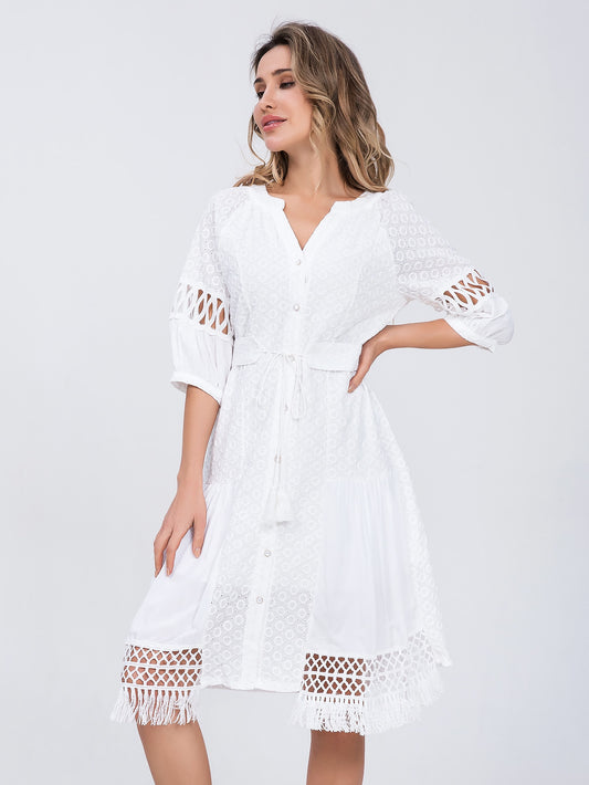 Women Cotton Lace up Hollow out Summer White A-line dress - WD8189