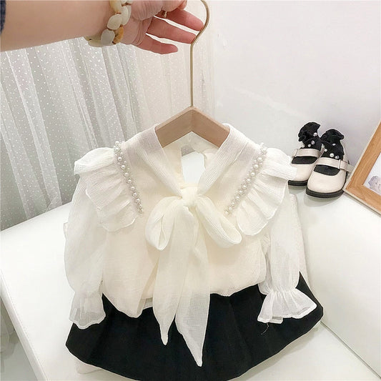 Children Clothing Girls Spring Autumn Sweet Pearl Chiffon Bow Shirt Doll Dress - BTGD8479