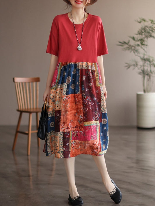 Women Summer Vintage Style Patchwork Color Floral Print Loose Female A-line Long Dress - WD8102