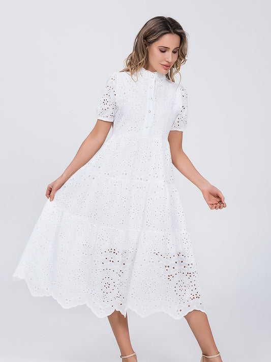 Women Cotton Hollow Out Summer White dress - WD8188