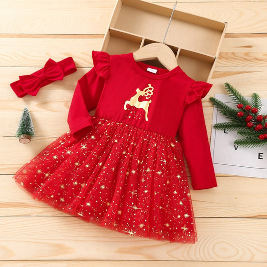 Baby Girl Dress Headband Set 2pcs Elk Star Print Round Neck Long Sleeve Dress - BTGD8466