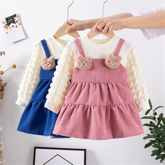 Toddler Kids Dress Baby Girls Winter Long Sleeve Soild Patchwork 3D Cute Bear Casual Princess Dress - BTGD8496