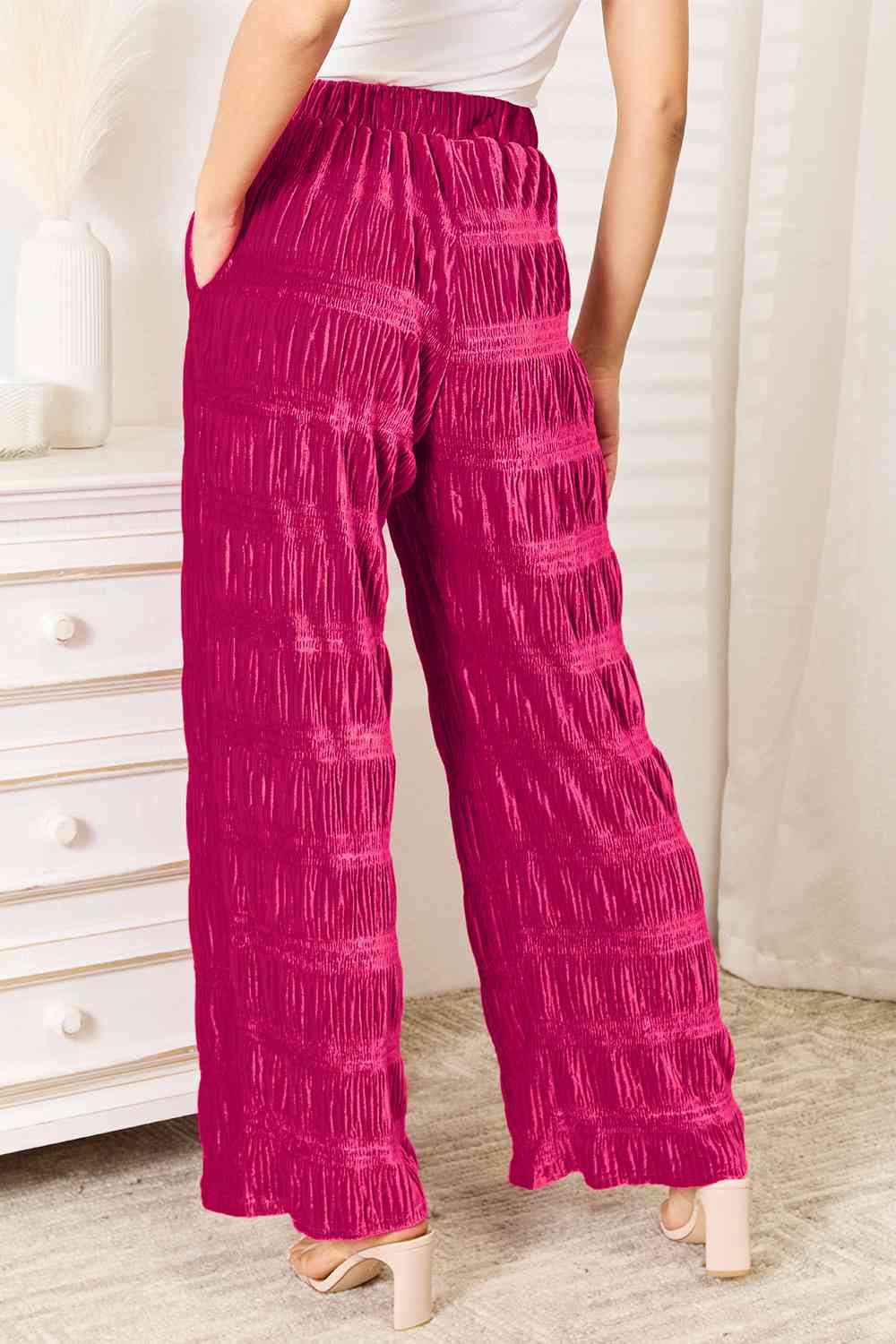 Women's Double Take Full Size High Waist Tiered Shirring Velvet Wide Leg Pants