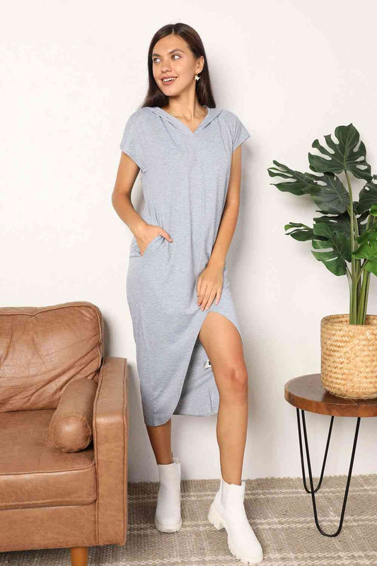 Women's Double Take Short Sleeve Front Slit Hooded Dress