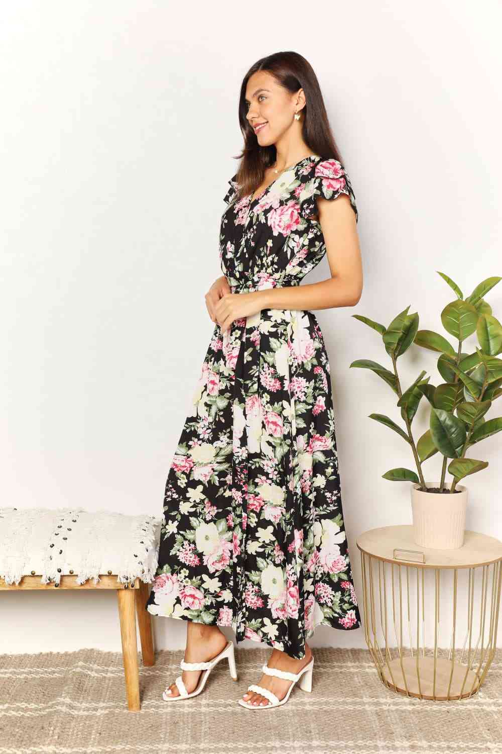 Women's Double Take Floral Flutter Sleeve Tie-Waist Split Dress