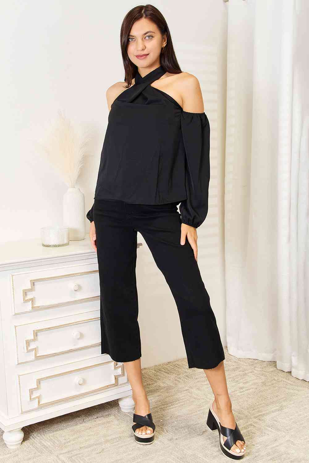 Women's Double Take Grecian Cold Shoulder Long Sleeve Blouse