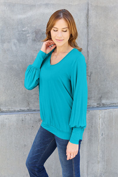 Women's Basic Bae Full Size V-Neck Lantern Sleeve Blouse