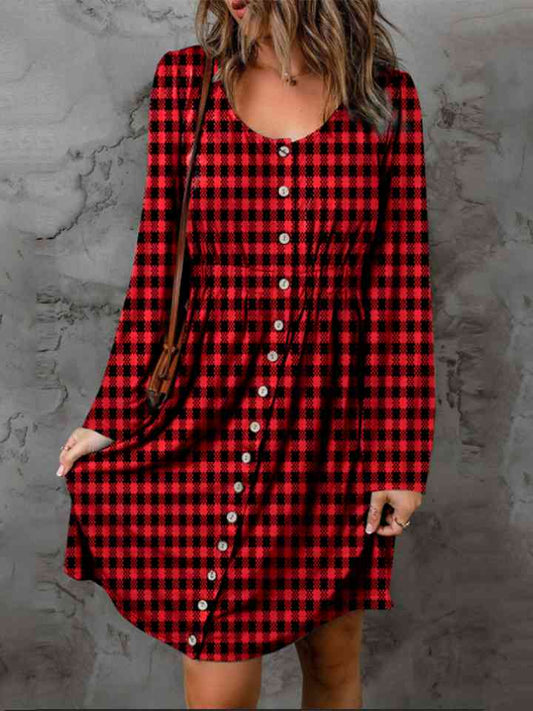 Women's Double Take Full Size Plaid Round Neck Long Sleeve Magic Dress