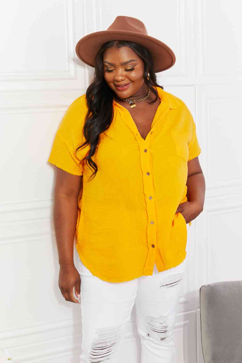 Women's Zenana Full Size Summer Breeze Gauze Short Sleeve Shirt in Mustard