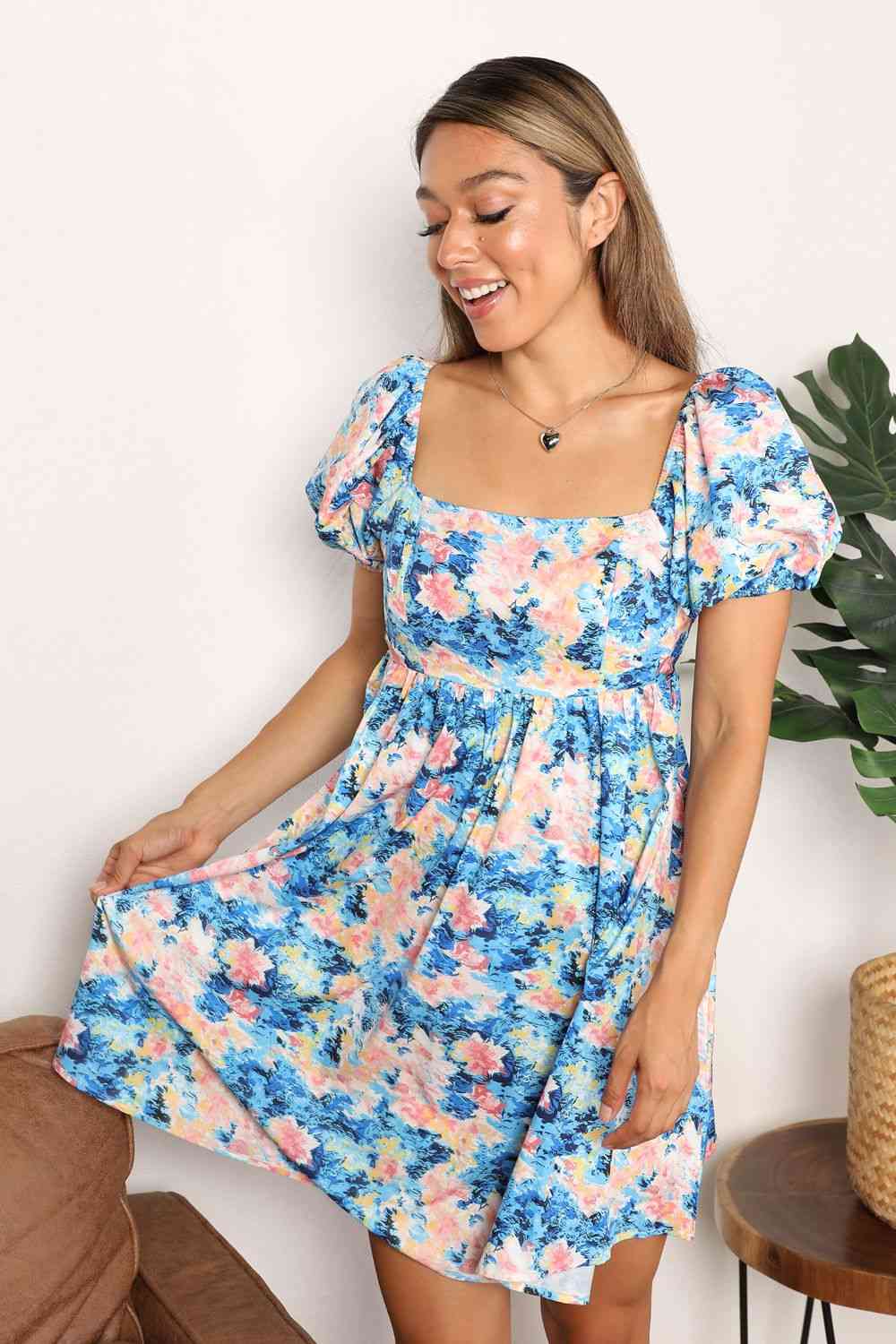 Women's Double Take Floral Square Neck Puff Sleeve Dress