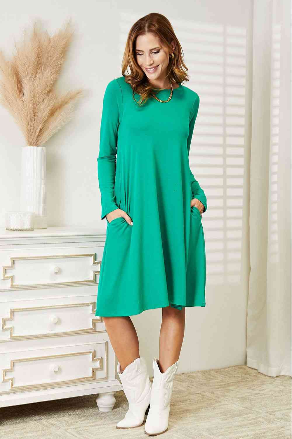 Women's Zenana Full Size Long Sleeve Flare Dress with Pockets