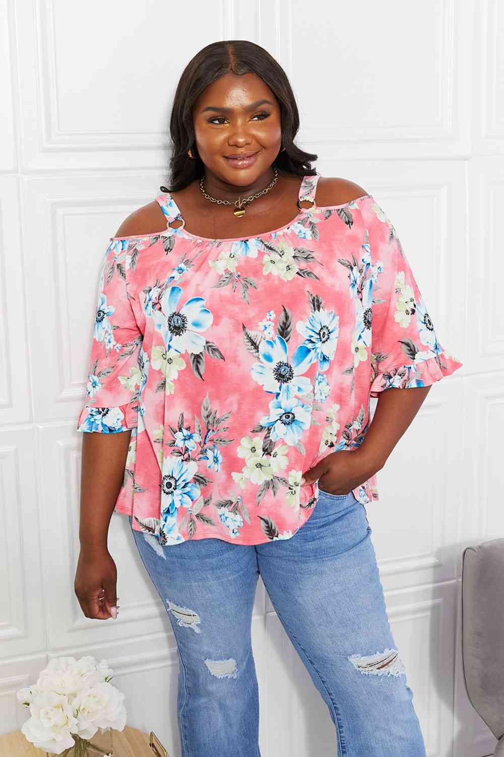 Women's Sew In Love Full Size Fresh Take  Floral Cold-Shoulder Top