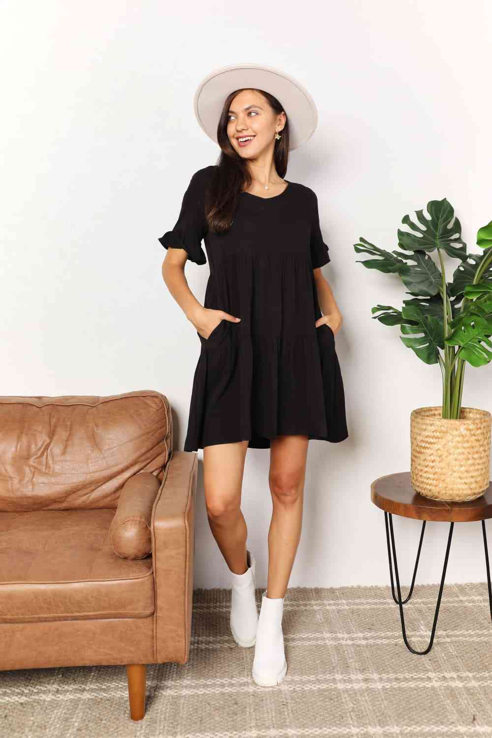 Women's Double Take V-Neck Flounce Sleeve Tiered Dress