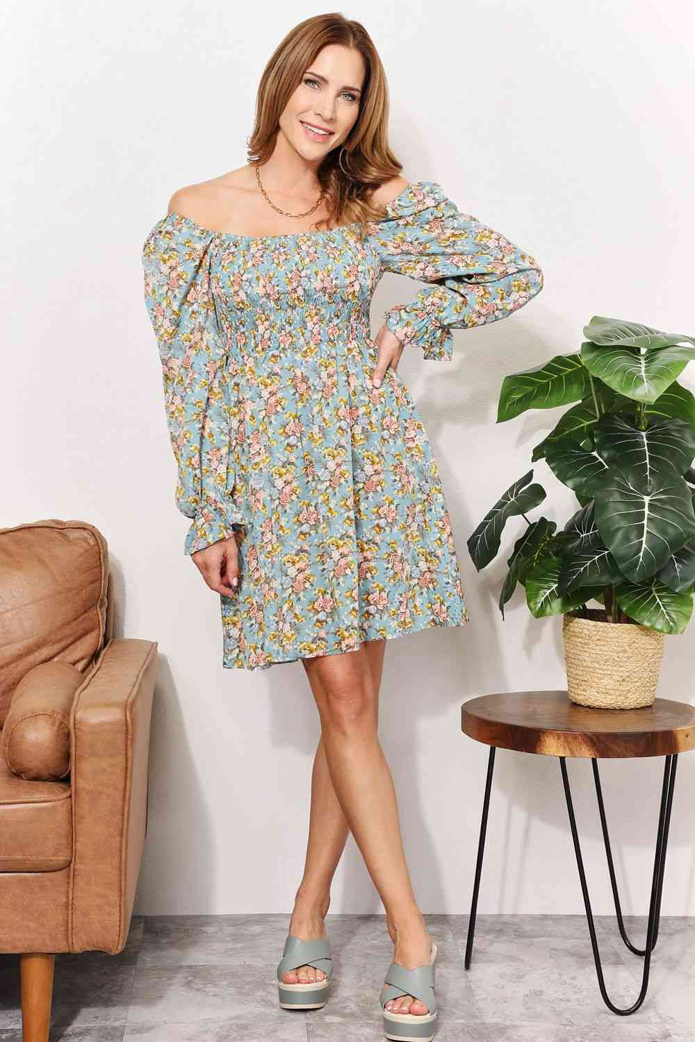 Women's Double Take Floral Smocked Flounce Sleeve Square Neck Dress