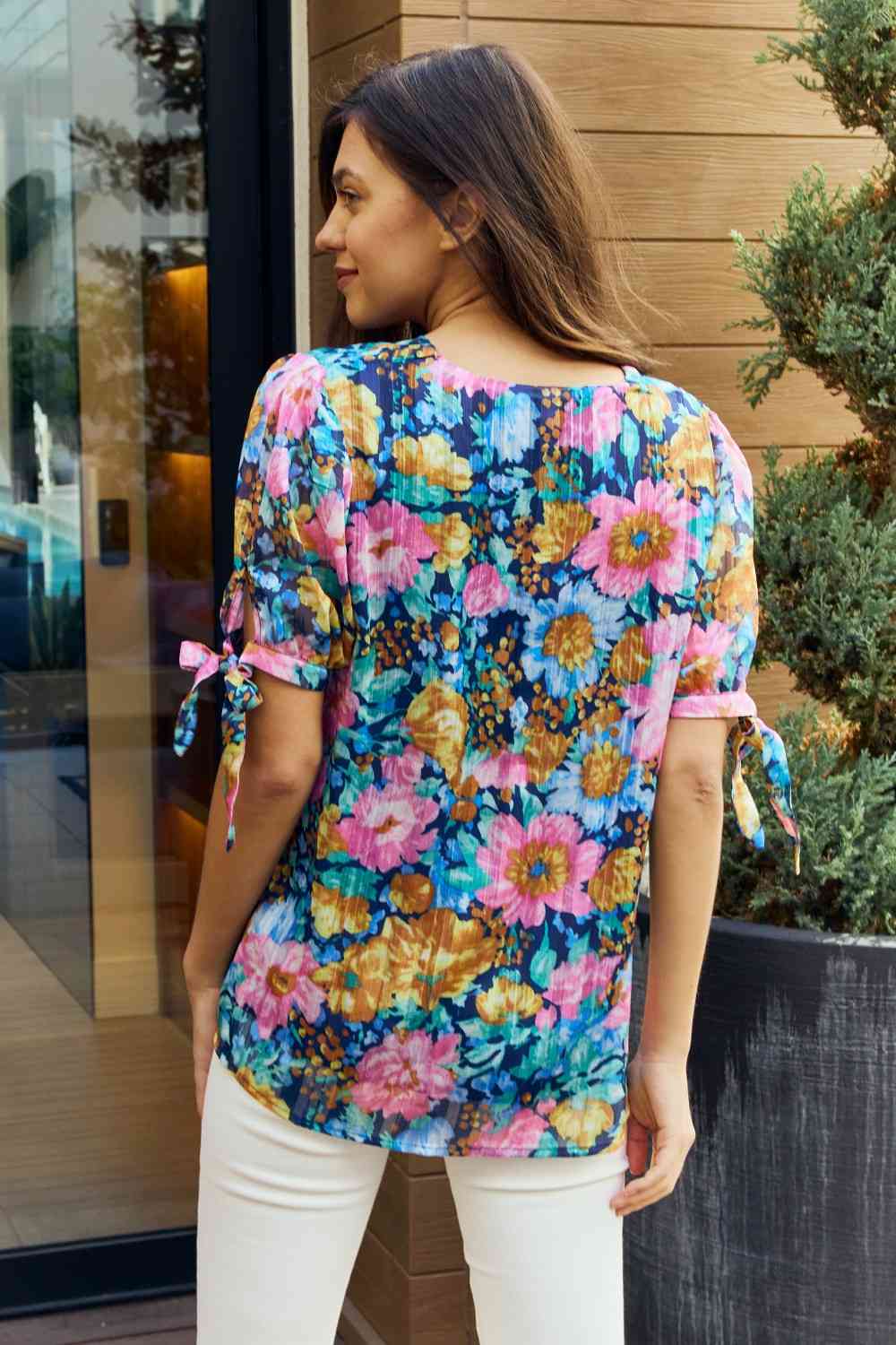 Women's Petal Dew Full Size Floral V-Neck Tie Detail Blouse