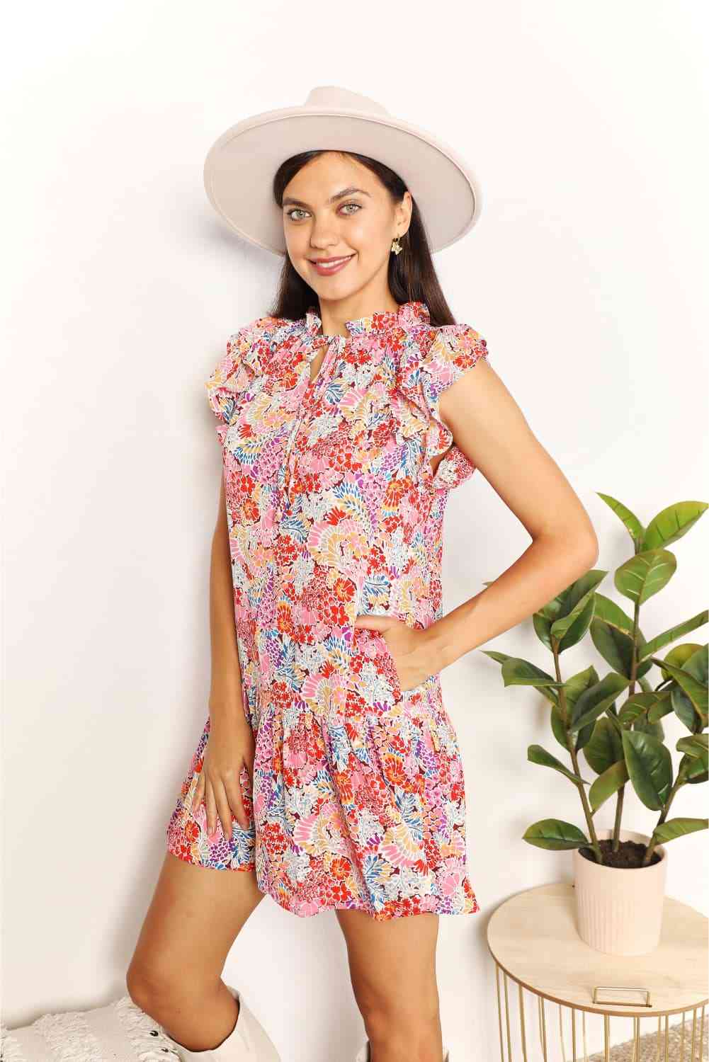 Women' s Double Take Floral Tie Neck Cap Sleeve Dress