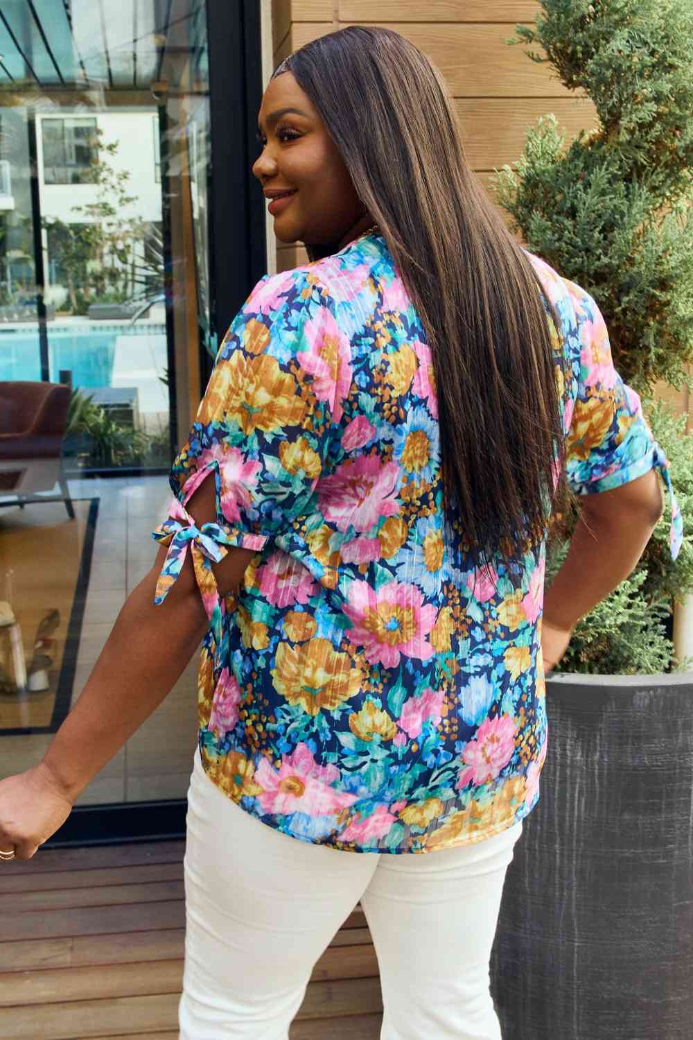 Women's Petal Dew Full Size Floral V-Neck Tie Detail Blouse