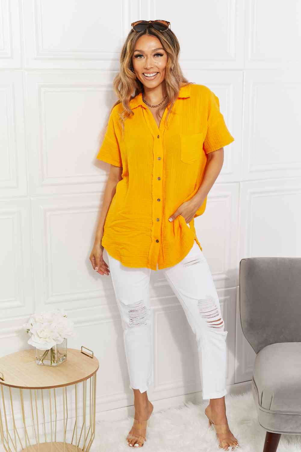 Women's Zenana Full Size Summer Breeze Gauze Short Sleeve Shirt in Mustard