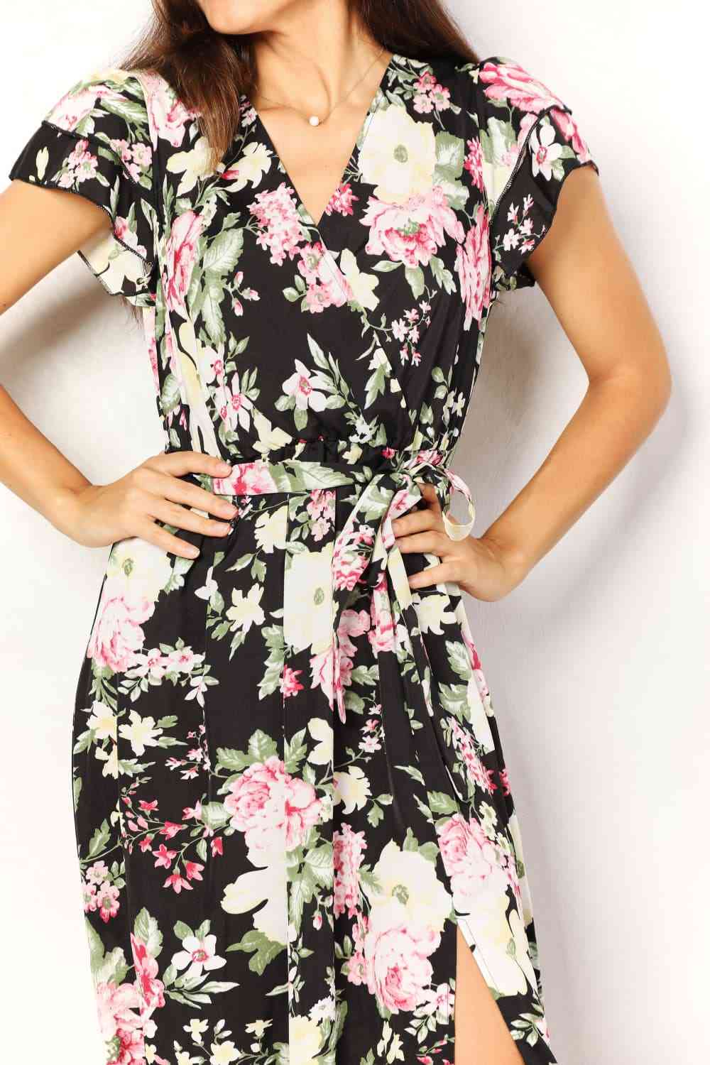 Women's Double Take Floral Flutter Sleeve Tie-Waist Split Dress